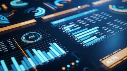 Futuristic digital interface displaying glowing cyan charts , Futuristic digital interface with glowing data charts and analytics, Glowing cyan dashboard displaying virtual graphs and reports . - Powered by Adobe