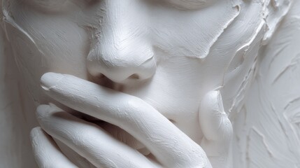 Sculpture detail showcasing a serene expression and hand gesture in a silent communication theme