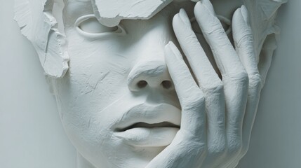 Intricate white sculpture of a human face with a hand covering one side located in a contemporary art gallery