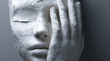 Intricate sculpture of a serene face with a hand gently placed on the cheek, expressing a moment of quiet contemplation