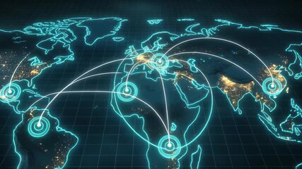 Global network glowing blue lines across world map showing international travel , Glowing blue Earth with connected hubs and trade lines, Futuristic global business innovation concept. - Powered by Adobe