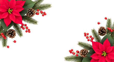 Christmas Poinsettia Flowers With Pine Branches And Berries