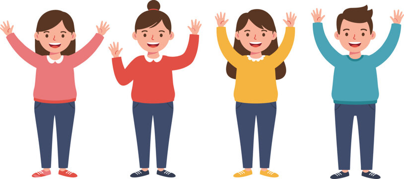 Happy group of young people raising hands together, cheerful teamwork concept, flat cartoon vector illustration for education, diversity, and friendship theme
