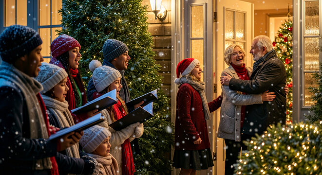 Joyful Christmas Caroling as Family Welcomes Singers at Festively Decorated Doorstep