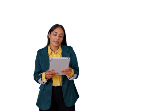 Woman presenting and using tablet, standing in formal business attire, working with technology, transparent background - Powered by Adobe