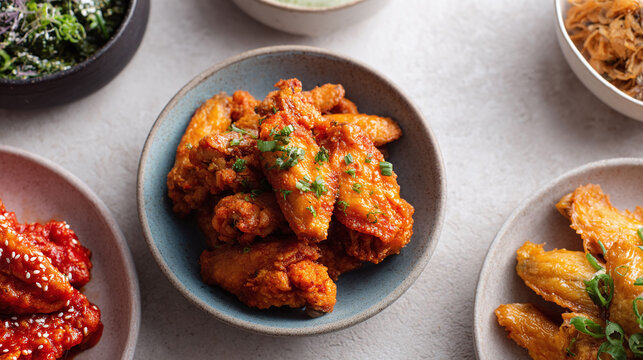 Delicious chicken wings, artfully arranged in bowls, offer a tempting culinary experience. Perfect for menus, recipes, or food blogs. Promotes sharing and enjoyment.
