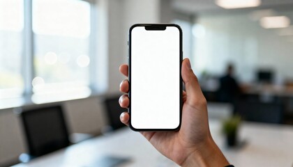Fototapeta premium Professional photo of a hand holding a modern unbranded smartphone with a blank white screen. Minimalist office environment, natural soft lighting, neutral background, shallow depth of field. Perfect 