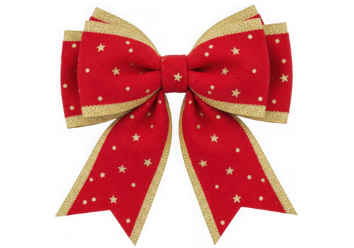 A festive red bow gold glitter stars edges, isolated on transparent background