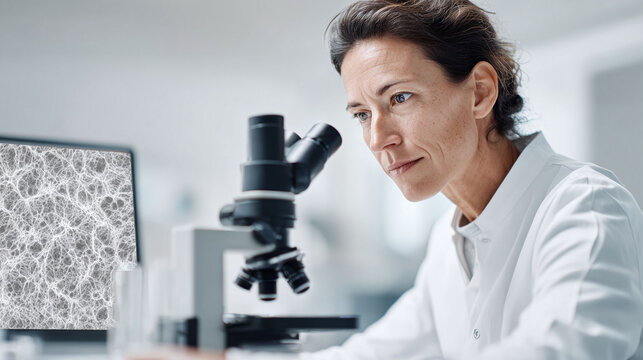 A focused scientist using a microscope, exploring cellular structures. Represents scientific discovery, research, and innovation. Ideal for medical, biotech, and educational content.