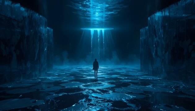 Dark oceanic tone interior — reflections like moving water, sapphire and obsidian hues, abstract lighting, mysterious calm mood. .