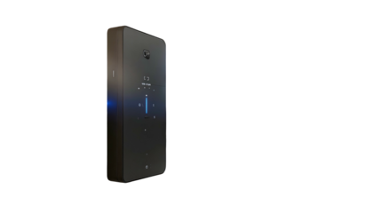 A sleek, dark-gray electronic device with a minimalist interface, against a black background