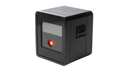 Black box device with screen, red light, vents, and a sleek, modern design
