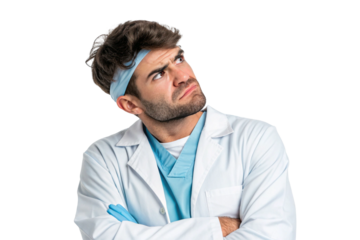 Dentist with a displeased expression. Physician. Discomfort. Disgusted look. Dislikes. Cutout. Transparent.