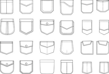 Pocket design, fashion, vector, illustration, sketch, outline, flap, button, seam, garment, stylish, casual, apparel, technical, tailoring, layout, template, detail, construction, variety, grid