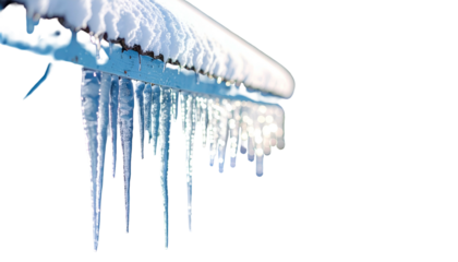 Close-up of icy icicles hanging from a snow-covered roof edge against a black background