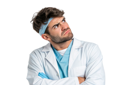 Dentist with a displeased expression. Physician. Discomfort. Disgusted look. Dislikes. Cutout. Transparent.