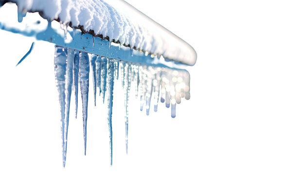 Close-up of icy icicles hanging from a snow-covered roof edge against a black background