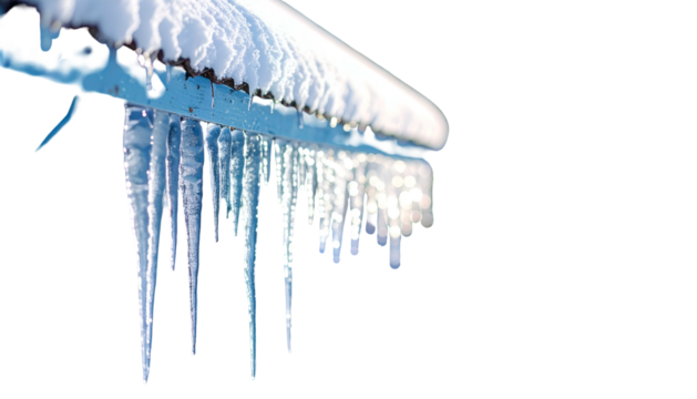 Close-up of icy icicles hanging from a snow-covered roof edge against a black background