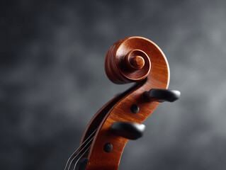 Detailed closeup of a violin scroll showcasing craftsmanship and elegance. Ideal for representing music, classical art, or the pursuit of perfection.