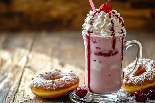 Milkshake with whipped cream and cherry, served with donuts and soda. Bright cozy food photography on rustic wooden table