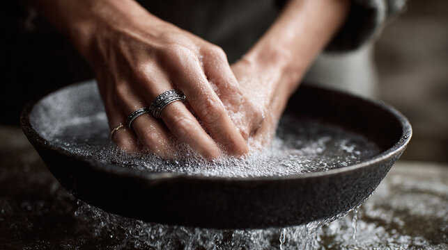Hands gently wash in a dark metal bowl, evoking cleansing, care, or ritual.  Ideal for concepts like purity, selfcare, craftsmanship, or mindful living.