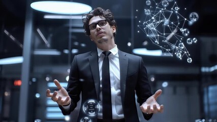 businessman presenting futuristic holographic data network visualization with artificial intelligence concept in high tech digital environment - Powered by Adobe