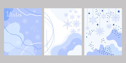 Winter holiday festive templates set, abstract backgrounds with snowflakes, stars, flowing shapes in blue tone. Simple seasonal design for Merry Christmas, Happy New Year greeting card, poster, banner