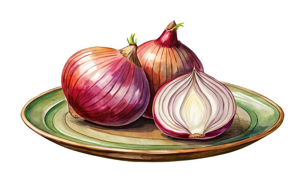 Watercolor painting of red onions, one cut in half, on a plate