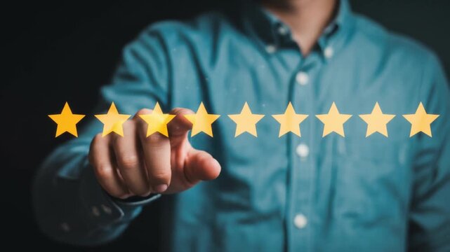 Customer experience review video showcasing ratings and feedback with a hand selecting a star for satisfaction and quality analysis