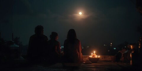 Family Silhouettes Watching the Full Moon Beside Glowing Lamps at Night

