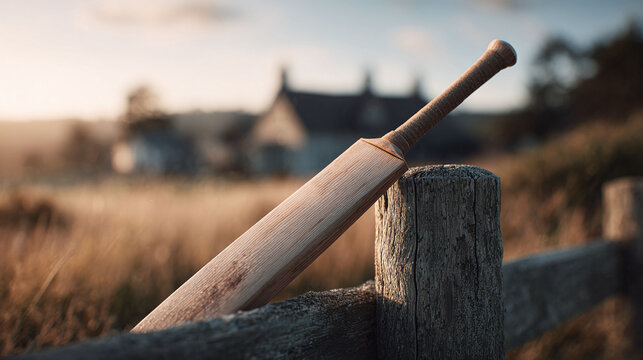 Classic cricket bat rests on a weathered fence, bathed in golden light. Evokes nostalgia, sport, summer, and rural charm. Ideal for themes of leisure, tradition, and escape.
