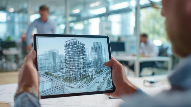 Architecture Vision: A designer holds a tablet displaying a detailed architectural rendering, showcasing a modern cityscape. The scene blends the realms of technology and architectural design.