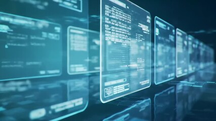 Futuristic digital screens displaying data and code in a dark environment with glowing blue, Futuristic digital interface with glowing blue data and code, Abstract tech network background . - Powered by Adobe