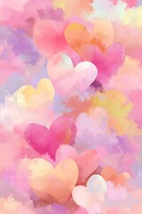 Colorful hearts floating in a dreamy pastel background create a romantic and joyful atmosphere in the artwork