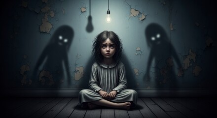 Darkness Within: A young child sits alone in a dark room with haunting shadows cast against the wall. Expressing the emotional burden of fear and loneliness.