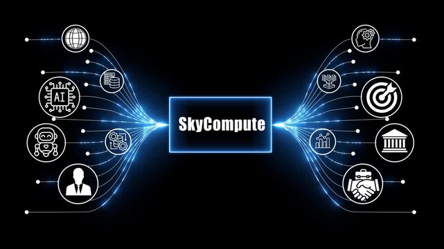 sky compute network, business and technology concept on black background 
