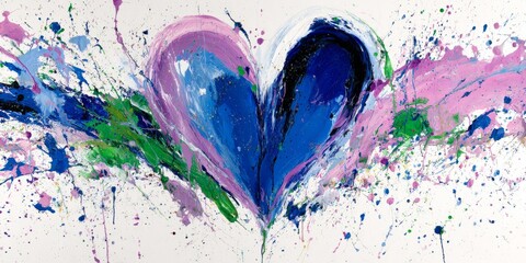 Colorful heart-shaped painting with splashes of blue, pink, and green on a white background