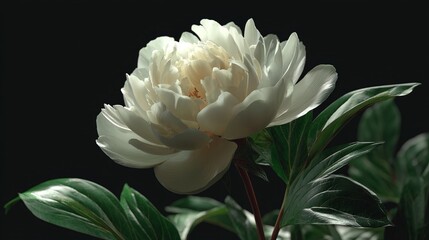 White peony flower blooms elegantly against a dark background, showcasing its delicate petals and lush green leaves