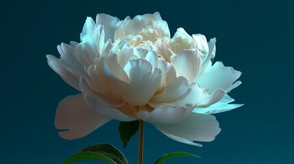 Beautiful white peony flower blooming against a deep blue background in soft lighting