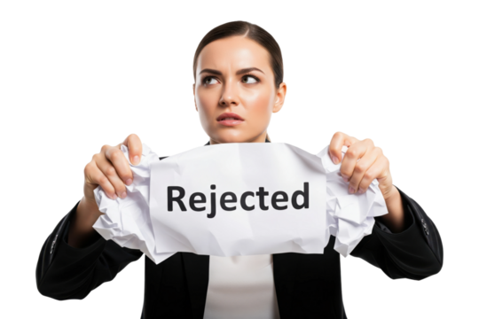 Frustrated businesswoman crumpling a rejected proposal paper