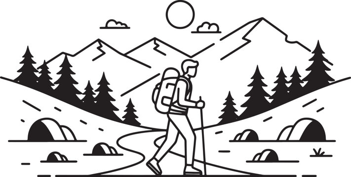 Solo hiker with backpack ascends mountain trail amidst pine trees and peaks