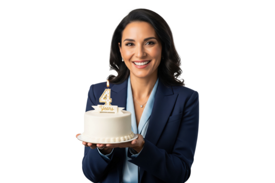 Smiling businesswoman celebrating a 4 year work anniversary with a cake