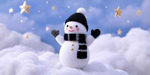 Naklejka premium Cheerful snowman with scarf and hat on cloudy, starry background
