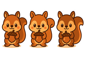 Three cartoon squirrels holding acorns in various poses