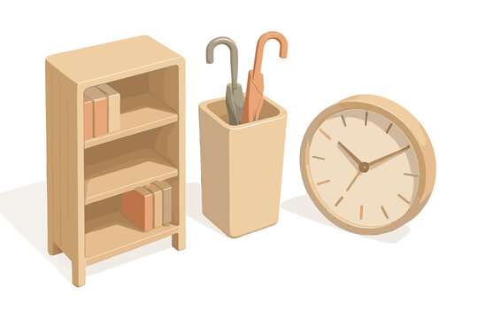 Isometric set of wooden shelf, umbrella stand, and analog clock