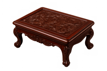 Carved wooden coffee table with intricate dragon relief, asian style antique furniture, ornate design, transparent background