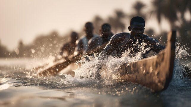 Powerful Rowing Team Charging Through Water at Sunrise - Powered by Adobe