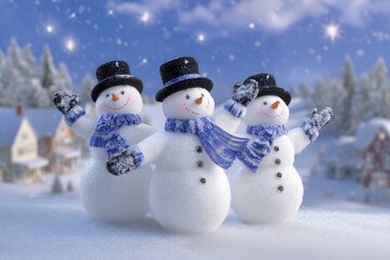Cheerful snowmen trio in winter wonderland with snow-covered village and starry night sky