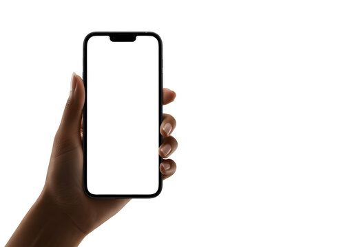 Woman holding phone with blank white screen ready for app promotion or mobile website mockup display
