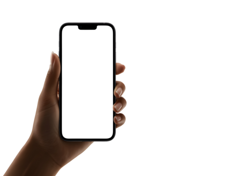 Woman holding phone with blank white screen ready for app promotion or mobile website mockup display - Powered by Adobe